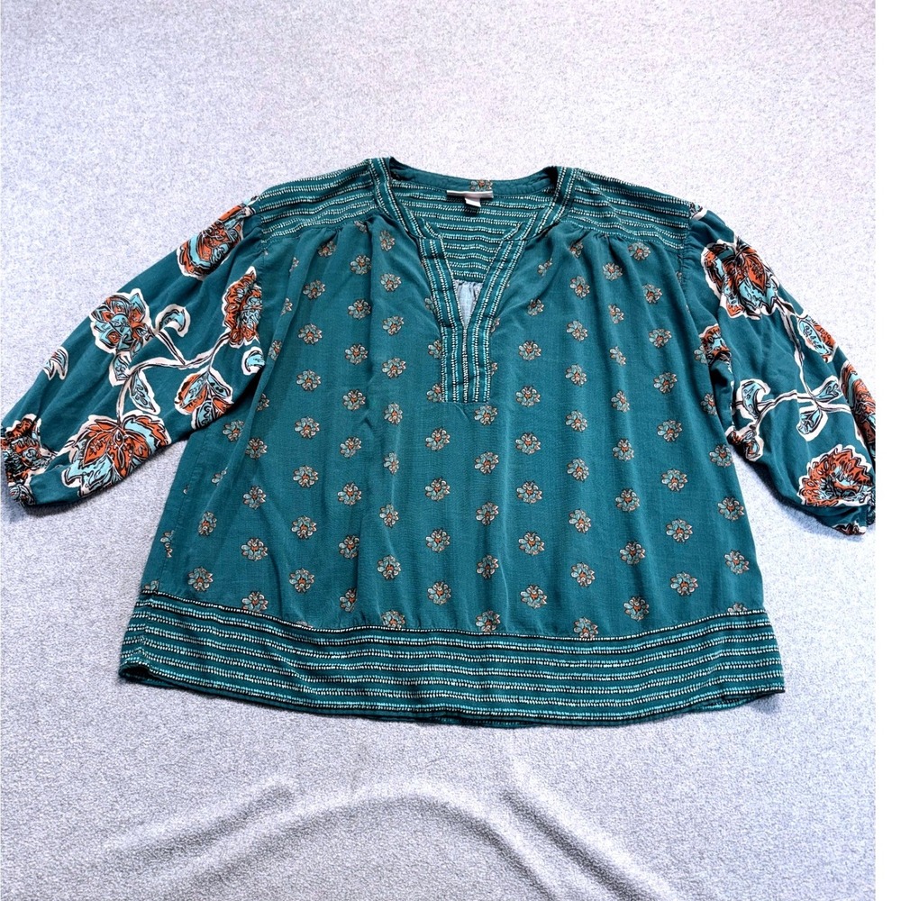Knox Rose Blouse Womens Large Teal Blue Boho Floral Split V-Neck Peasant Top